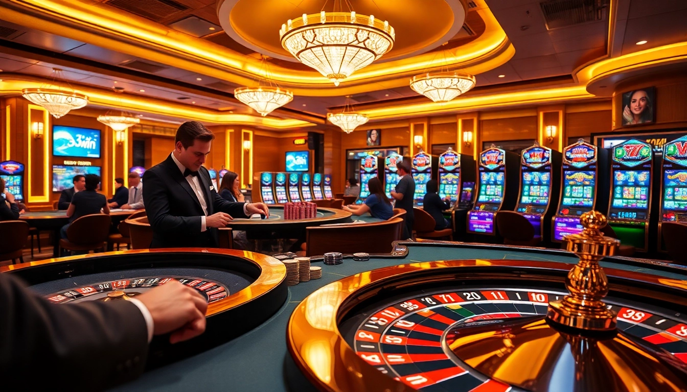 Players engaging in thrilling games at 33win casino with vibrant slot machines and elegant poker tables.