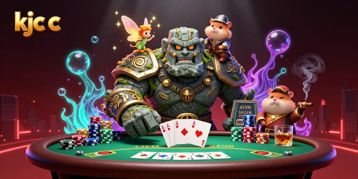 Experience thrilling gaming with kjc c as the stone golem guardian and hamster knight engage in a vibrant poker showdown.