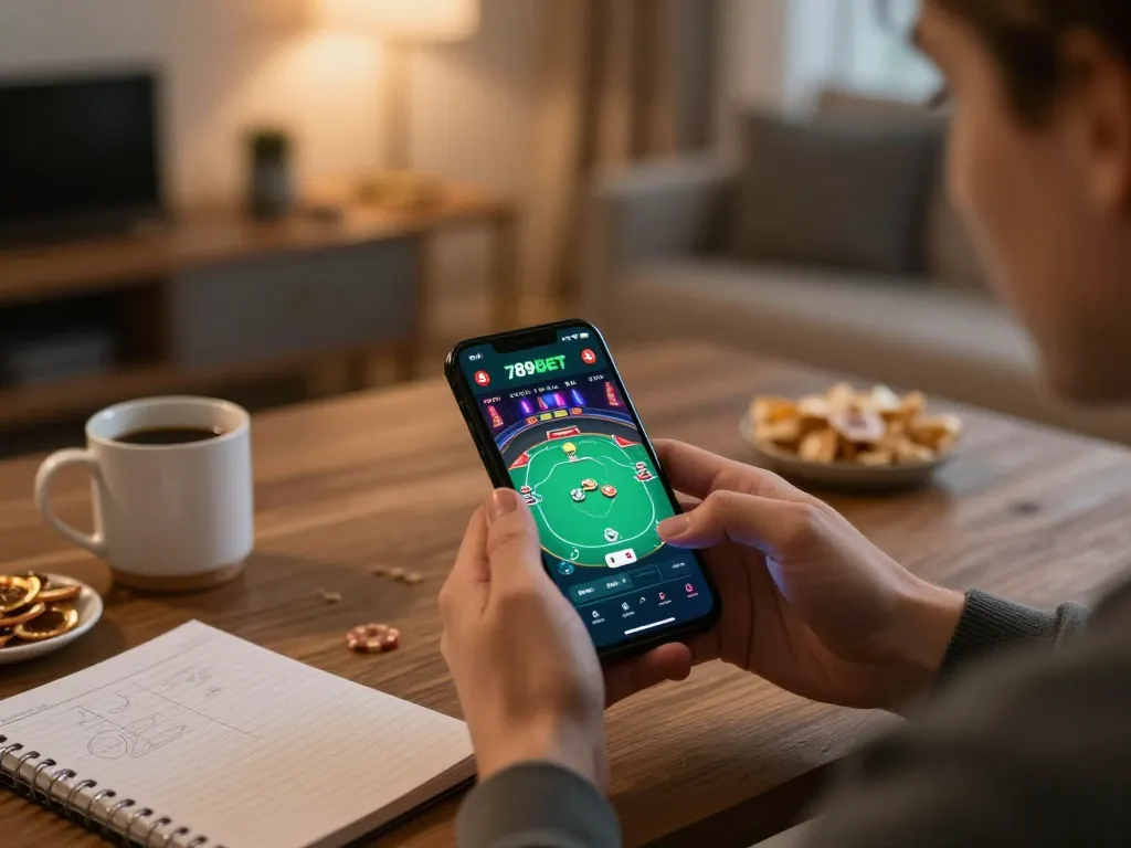 Engaging with the 789BET app on a smartphone showcasing an exciting poker game online