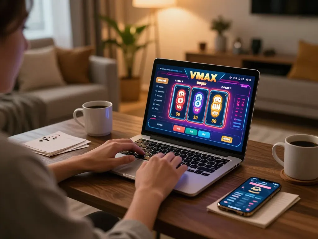 Player enjoying a VMAX online casino experience on laptop, showcasing vibrant gaming interface and cozy environment.