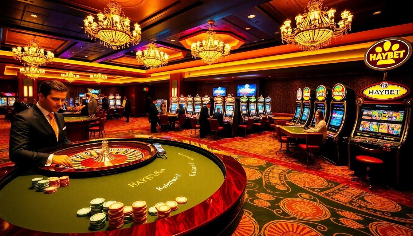 Players enjoying high-stakes games at HAYBET's luxurious casino, featuring roulette and slot machines.