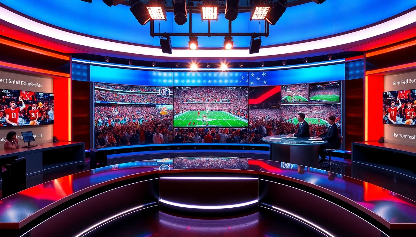 Captivating scene of sports broadcasting with anchors engaging live and dynamic visuals.