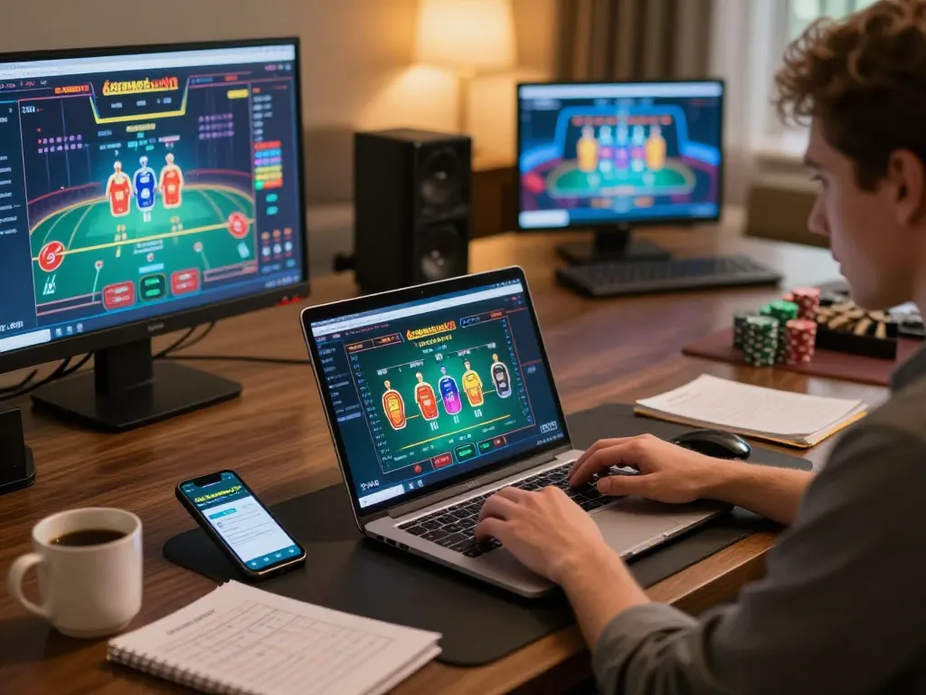 Player enjoying online casino gaming on 68gamebaivn, showcasing strategy notes and multiple screens.
