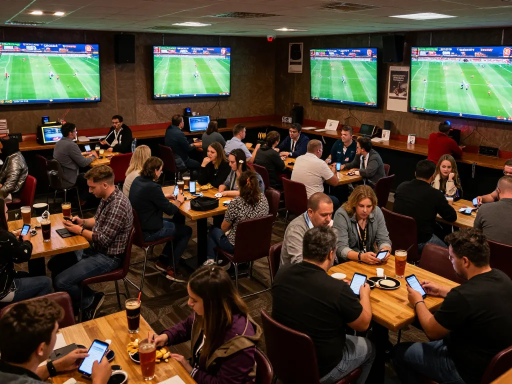 Excited gamblers engage in sports betting at keobongda, analyzing odds and placing wagers.