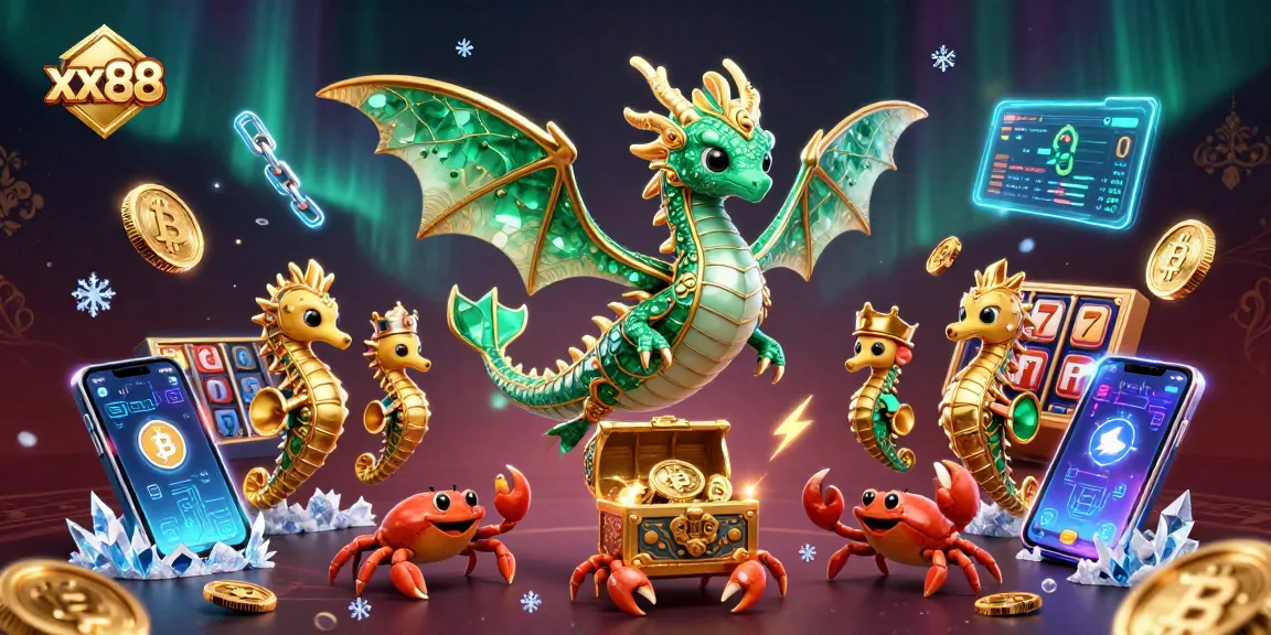 Spin to win at xx88 with vibrant casino games, a dragon, and cryptocurrency elements!