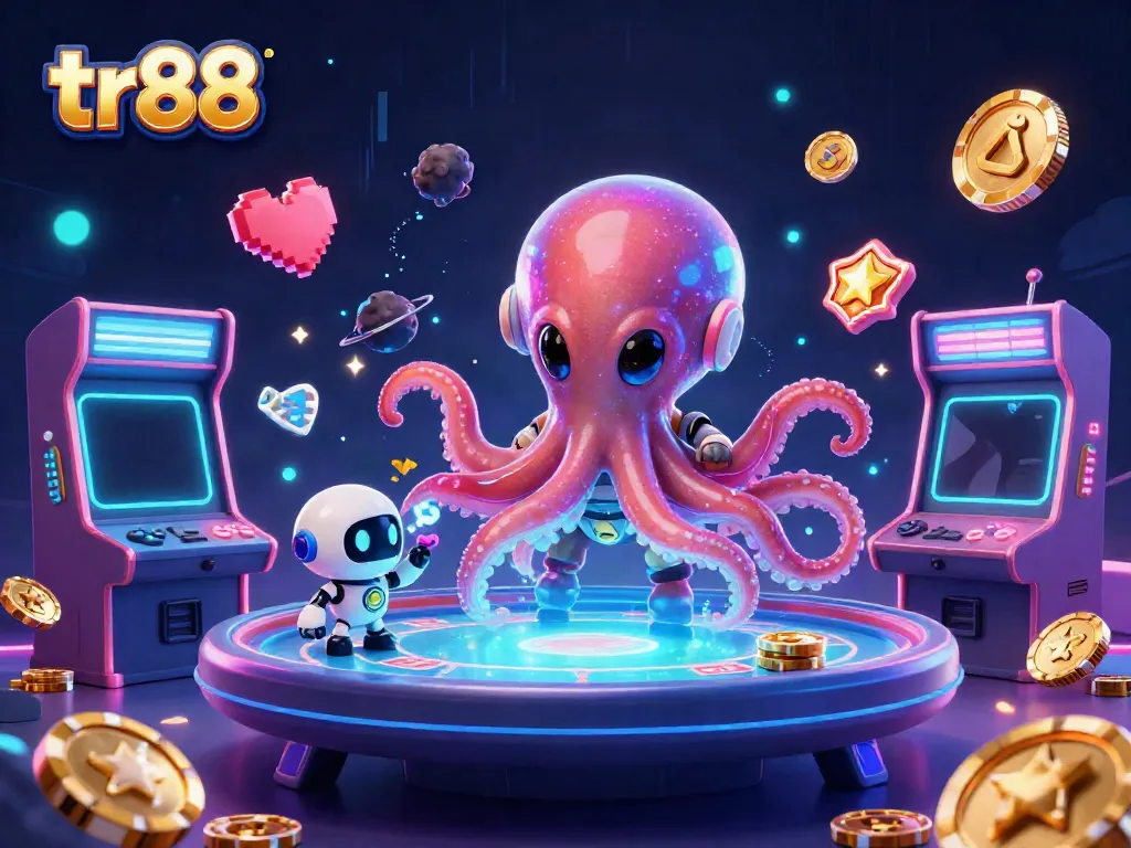 Experience the thrill of tr88 with an alien octopus hosting an exciting holographic poker game.