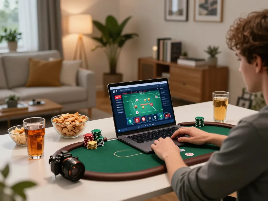 Playing online poker at home with abc8go, featuring an active game on laptop