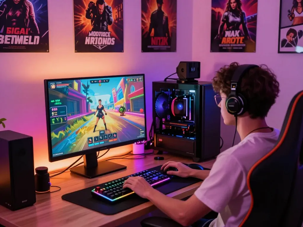 Engaged player enjoying a vibrant sex game on a high-res monitor in a cozy gaming setup.