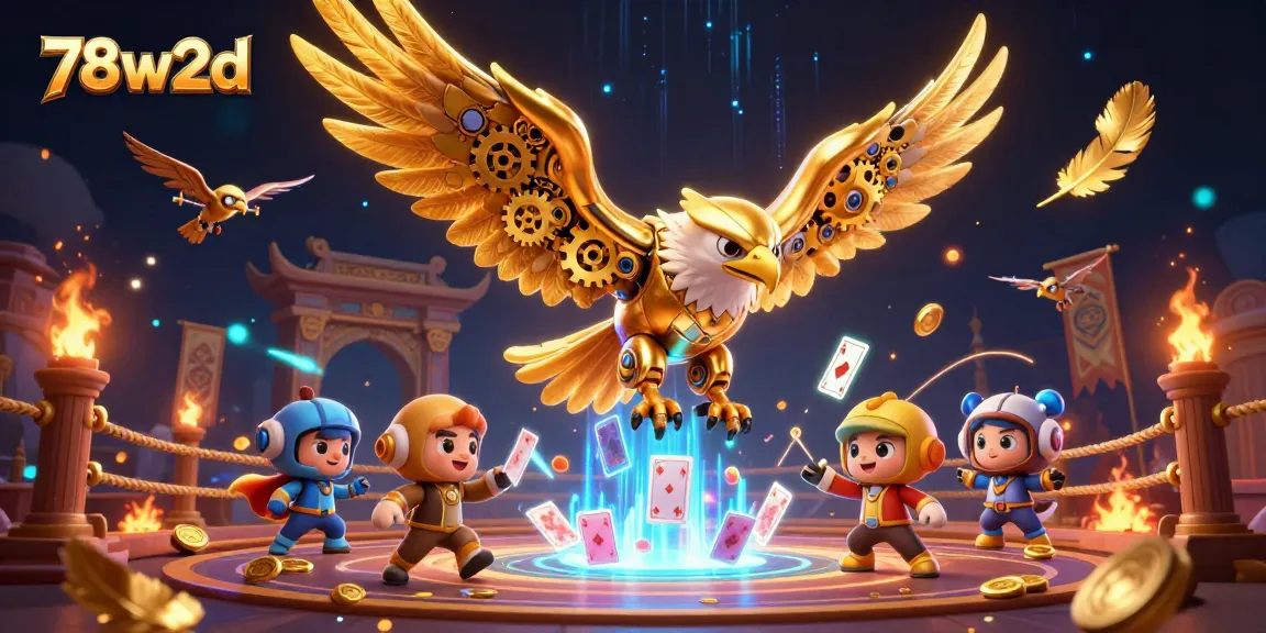 Dive into the thrilling world of 78w2d, where a cybernetic eagle soars amidst holographic cards and gold.