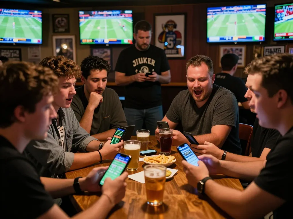 Engaged patrons placing bets on their devices at a lively sports bar, enjoying the 88aa com experience.