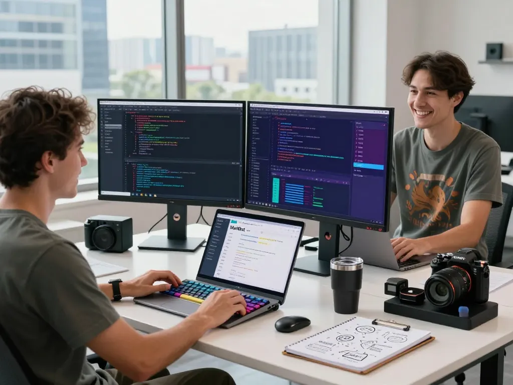 Developer utilizing molt bot in a dynamic workspace with dual monitors, coding, and task management tools.