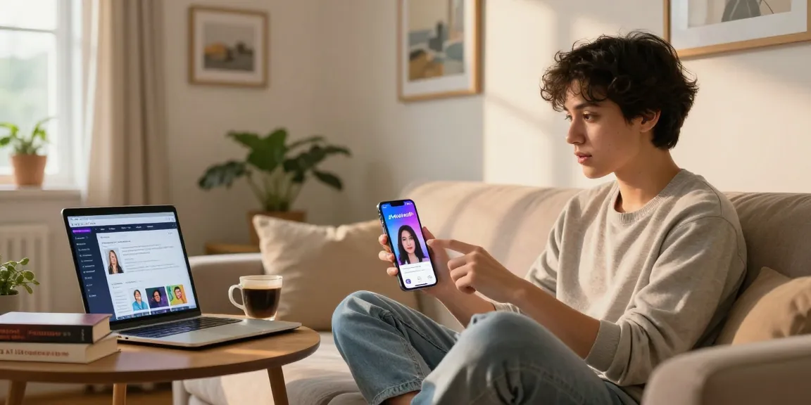 AI girlfriend app being explored by user in cozy living room, showcasing technology and personal connection