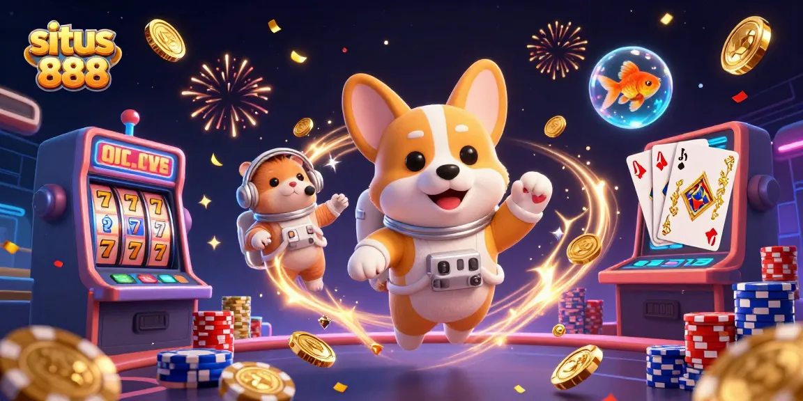 Spin the reels and capture jackpots at situs 888 with vibrant characters in a rich, colorful casino scene.