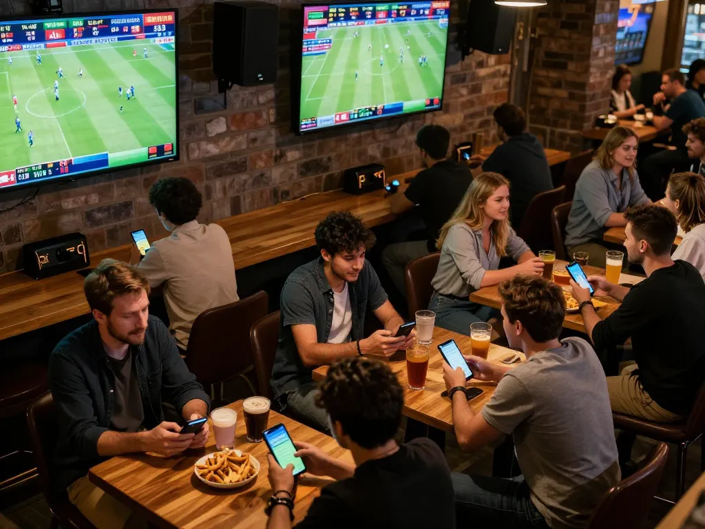 Tỷ lệ bóng đá action in a lively sports betting scene with patrons engaging in live betting.