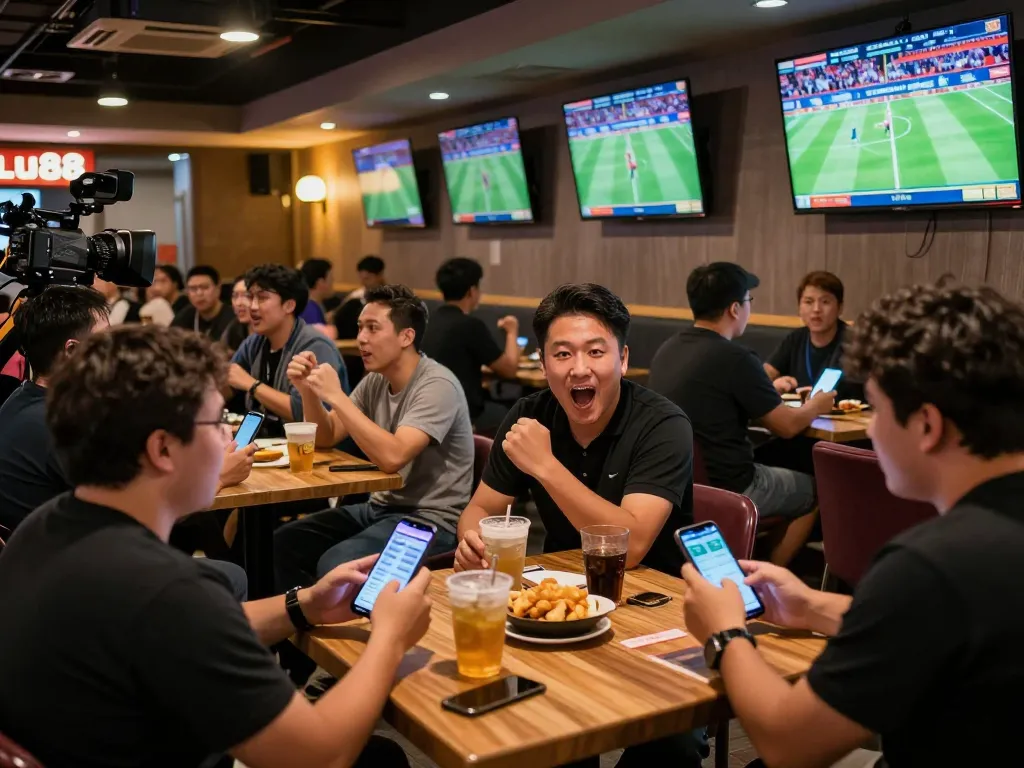 Fans enjoying the lu88 sports betting experience in a vibrant lounge, cheering for their teams.