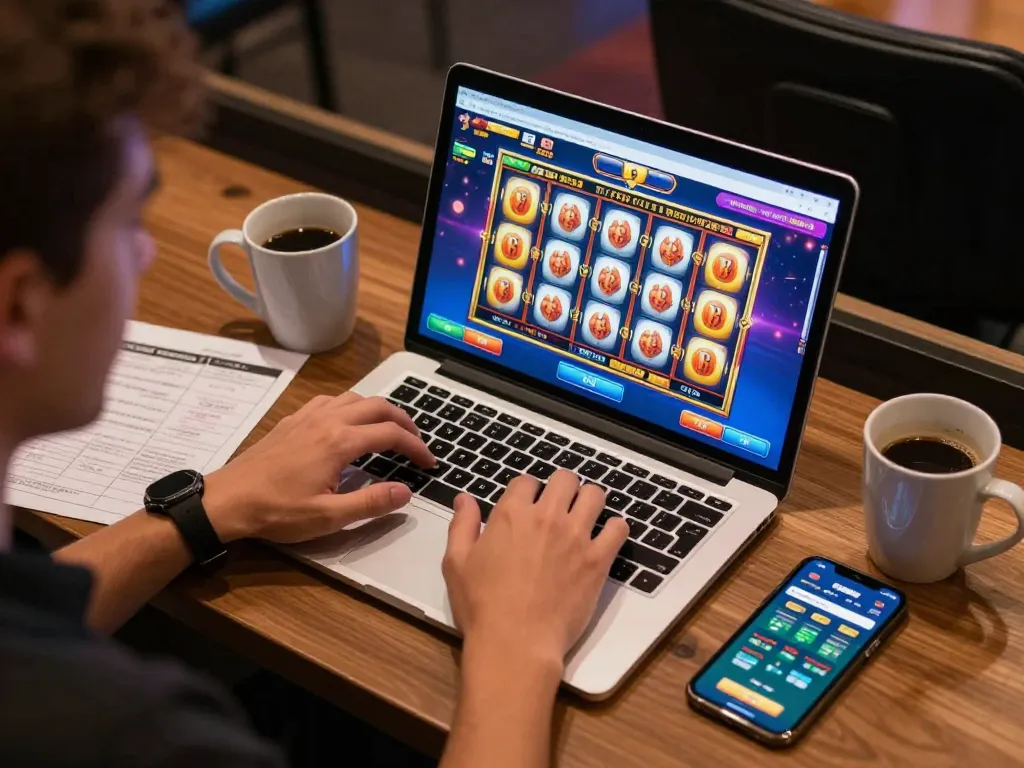 Engaging player enjoying sun win slots on laptop with strategic notes nearby