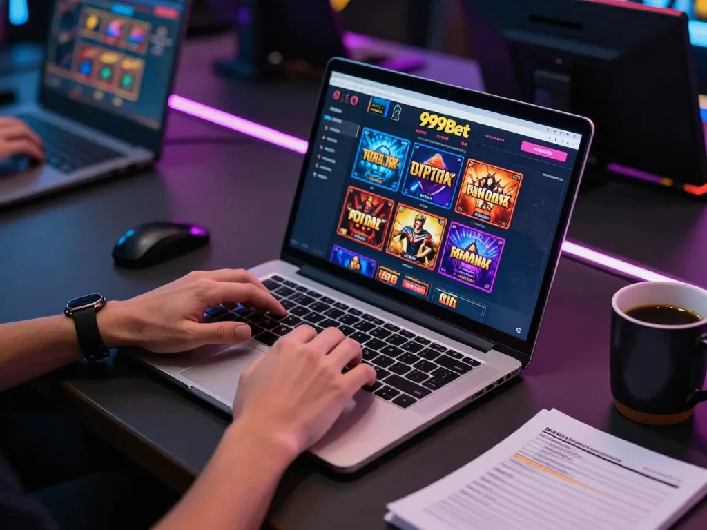 Player engaging with 999bet casino games on a laptop, showcasing a vibrant online gaming experience