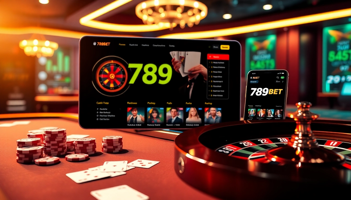 Engaging scene of nhà cái 789BET online gambling with vibrant casino tables, poker chips, and roulette wheel.