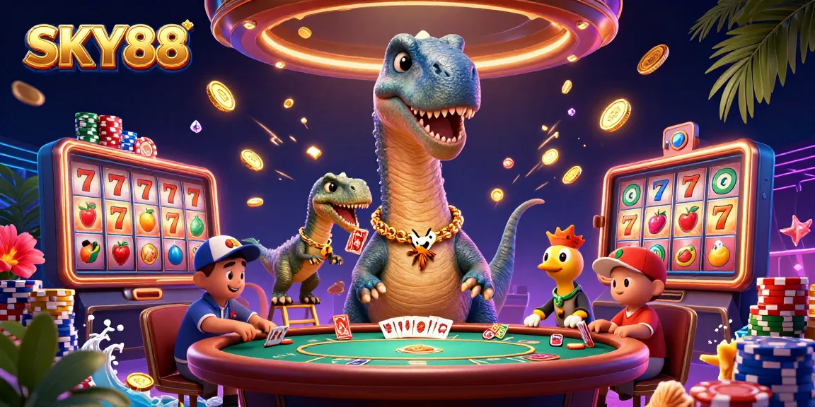 Engage with thrilling games at SKY88, featuring a towering dinosaur and vibrant casino elements.