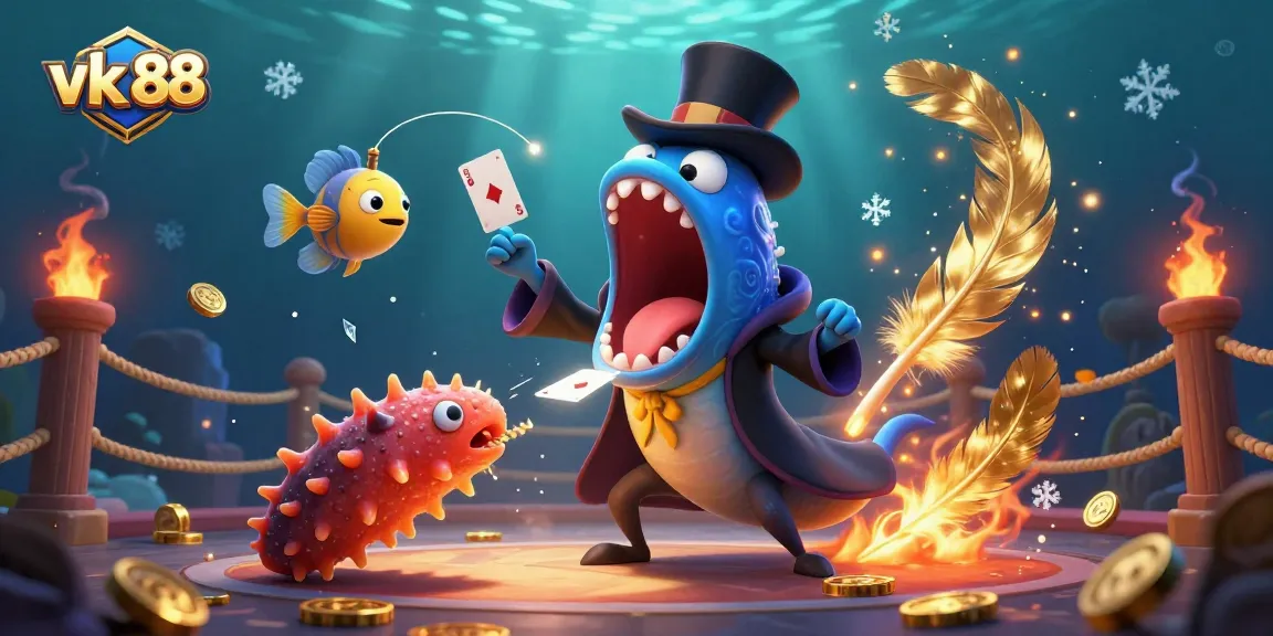 Experience the thrill of vk 88 with a bioluminescent eel performing card tricks in this vibrant casino scene.