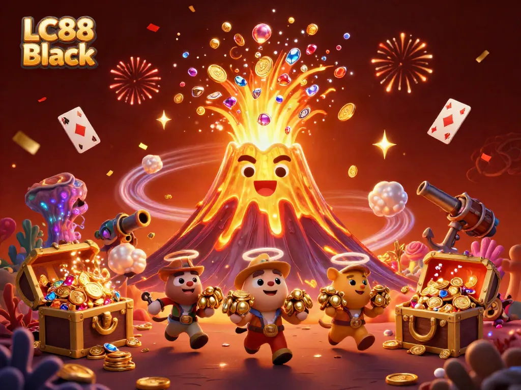 Experience the excitement of LC88 Black with a dynamic 3D scene showcasing a golden volcano, treasures, and gaming elements.