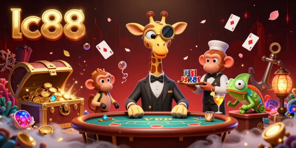 Spectacular lc88-themed scene with a vibrant giraffe at a poker table and colorful gaming elements.