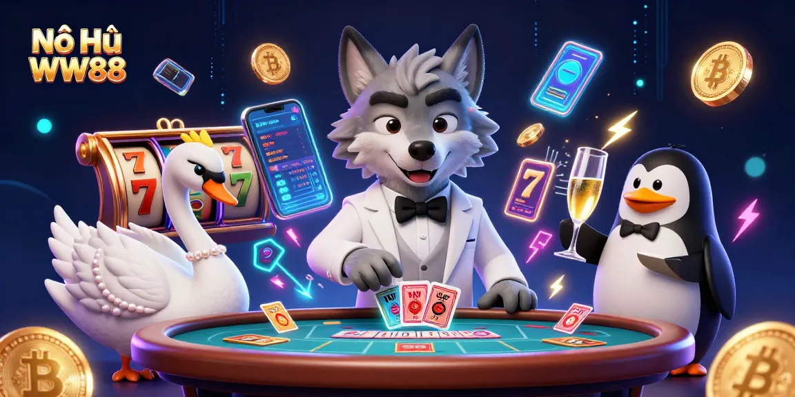 Experience the thrill of Nổ Hũ WW88 with vibrant characters and glowing coins in this captivating digital scene.