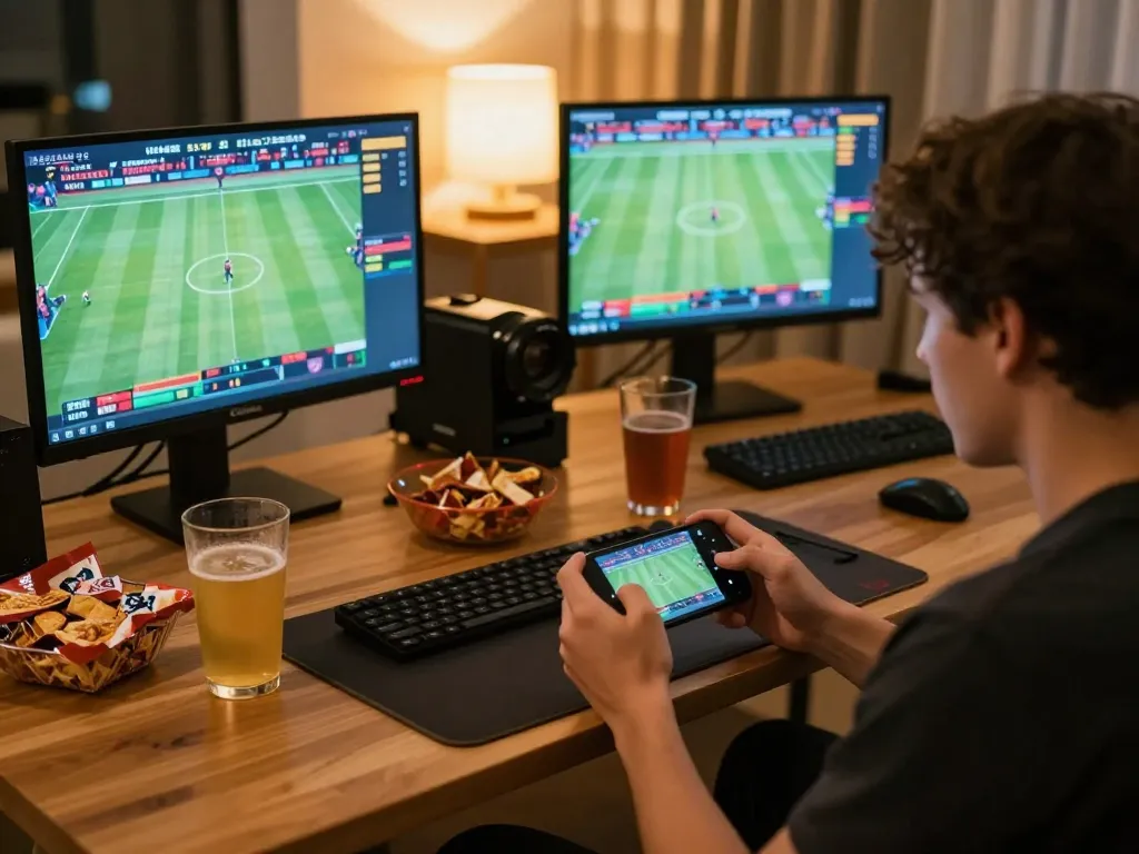 Person engaged in online sports betting on smartphone, enjoying 88vvgo app in cozy home setting
