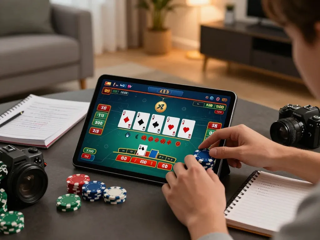 Engaged player strategizing in SHBET's online blackjack game on a tablet in a cozy living room.