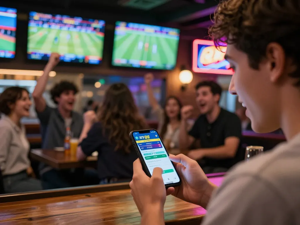 Excited bettor checking odds on the fly88 betting app while surrounded by friends in a lively sports bar.