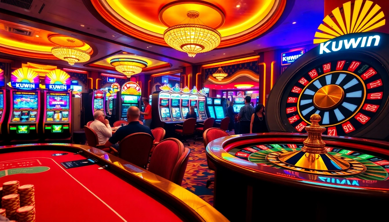 Experience a thrilling KUWIN casino gaming floor filled with poker tables and vibrant slot machines.