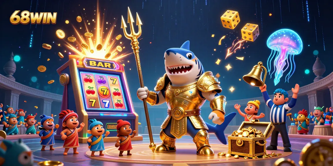 Experience thrilling gameplay at 68WIN with a dynamic underwater casino scene featuring wild characters and exciting jackpots.