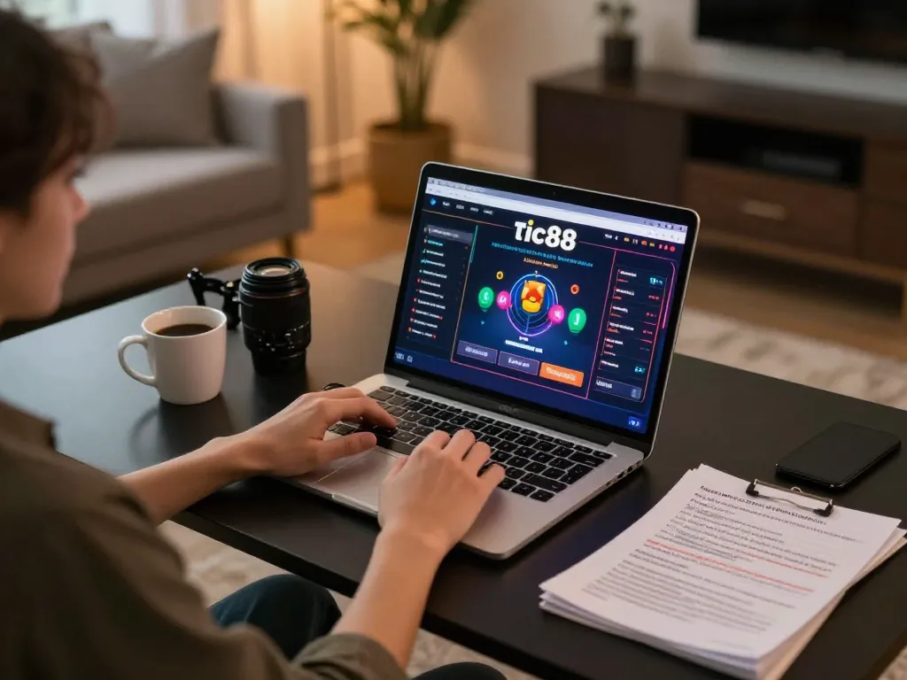 Player enjoying a strategic online game at tic88 casino on a sleek gaming laptop at home