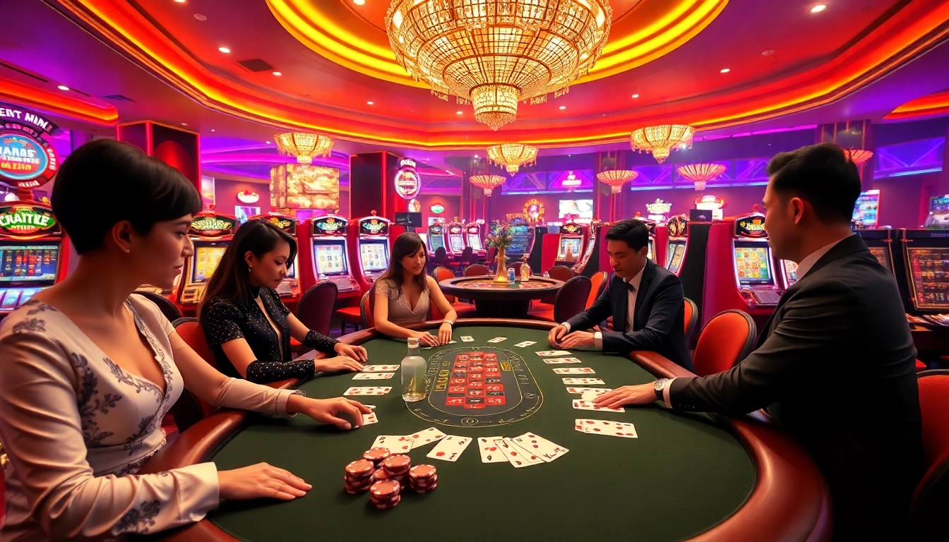 Experience thrilling khuyến mãi five88 at an upscale casino with excited players at the poker table.