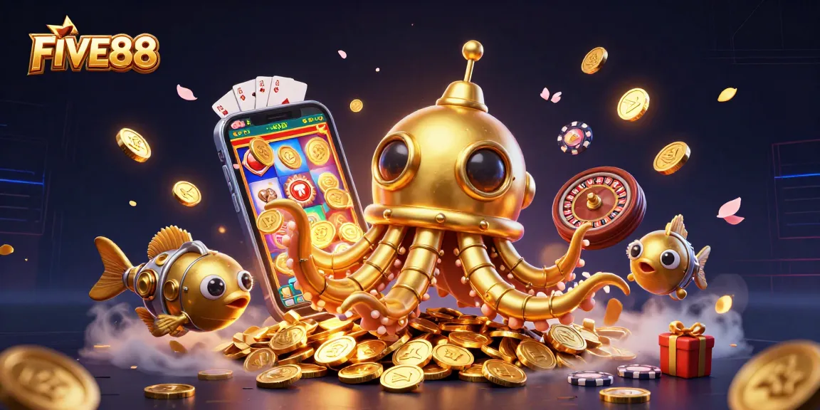 Engage with FIVE88 through vibrant slots and dynamic gameplay in this 3D casino scene.