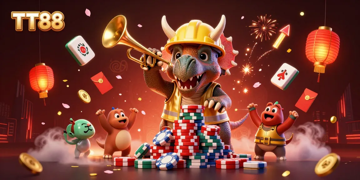 Engage with TT88's exciting casino environment featuring vibrant characters celebrating wins amid dynamic game elements.
