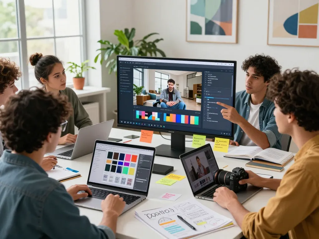 Team using Seedance AI software to create engaging video content in a modern office.