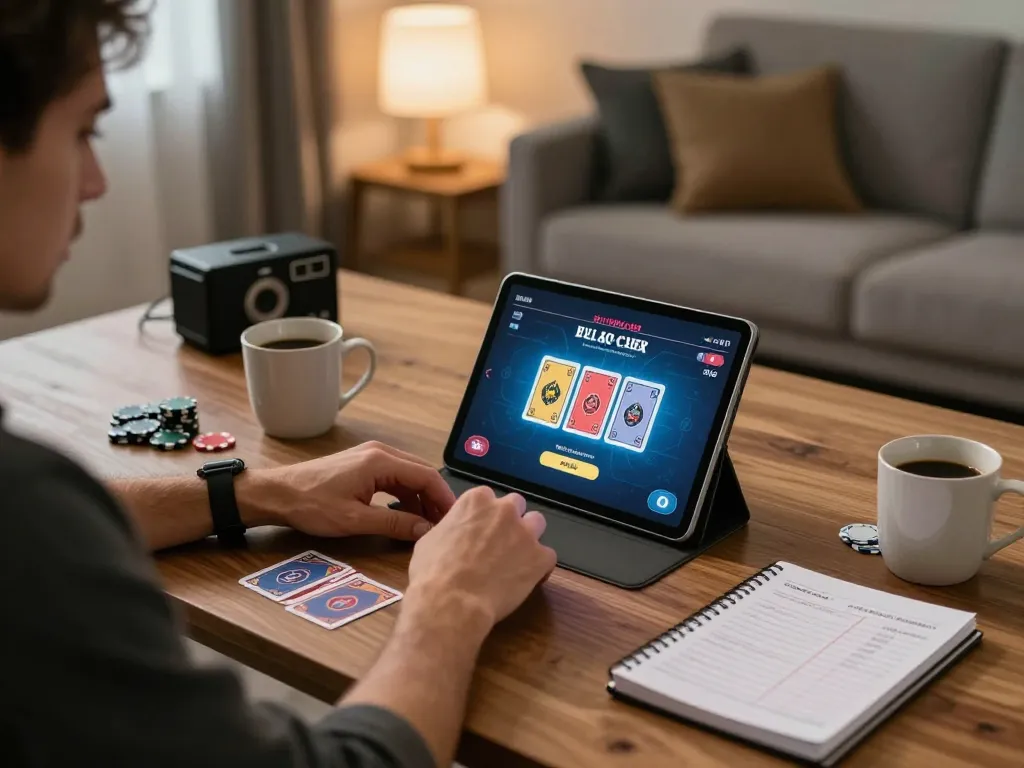 Player enjoying a strategic session on 11bet poker, focused on tablet screen in cozy home environment.