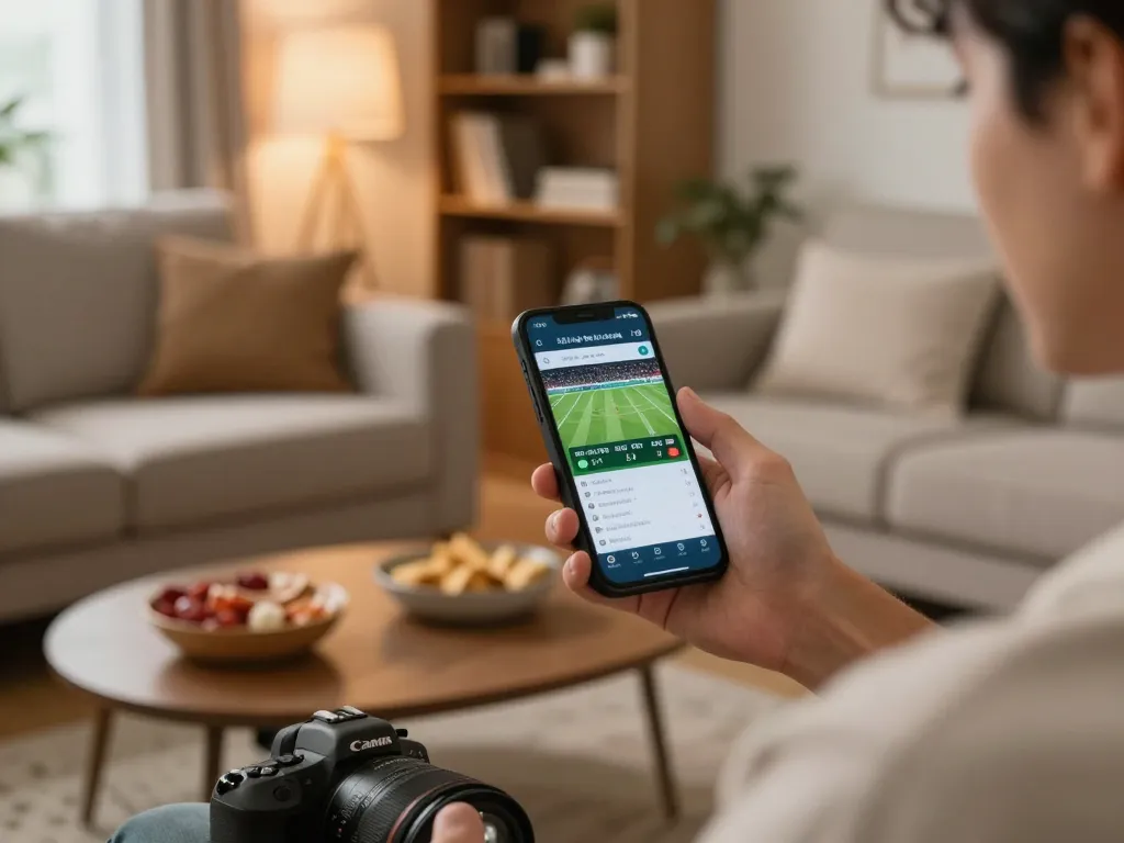 Betting action showcasing tỷ lệ kèo nhà cái hôm nay displayed on mobile app in cozy home.