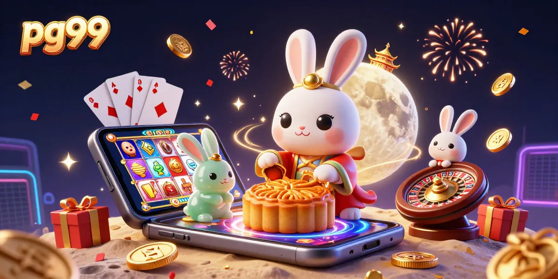 Experience exciting gaming action at pg99 with a festive illustration of a moon rabbit and poker chips.