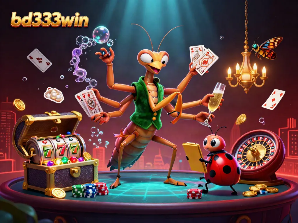 Experience the thrill of bd333win as a giant praying mantis card sharp deals cards in a vibrant casino scene.
