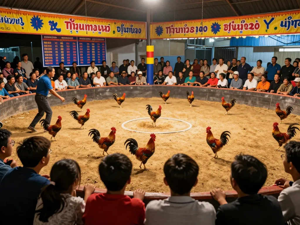 Cá đó đá gà thomo trong hành động tại đấu trường Thomo với không khí sôi động và khán giả hào hứng.