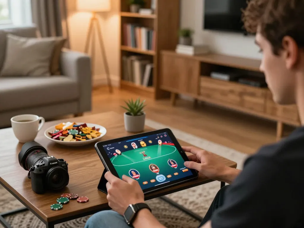 Player engaging in online gameplay with jokerapp123a on tablet in cozy home setting, showcasing strategic gaming