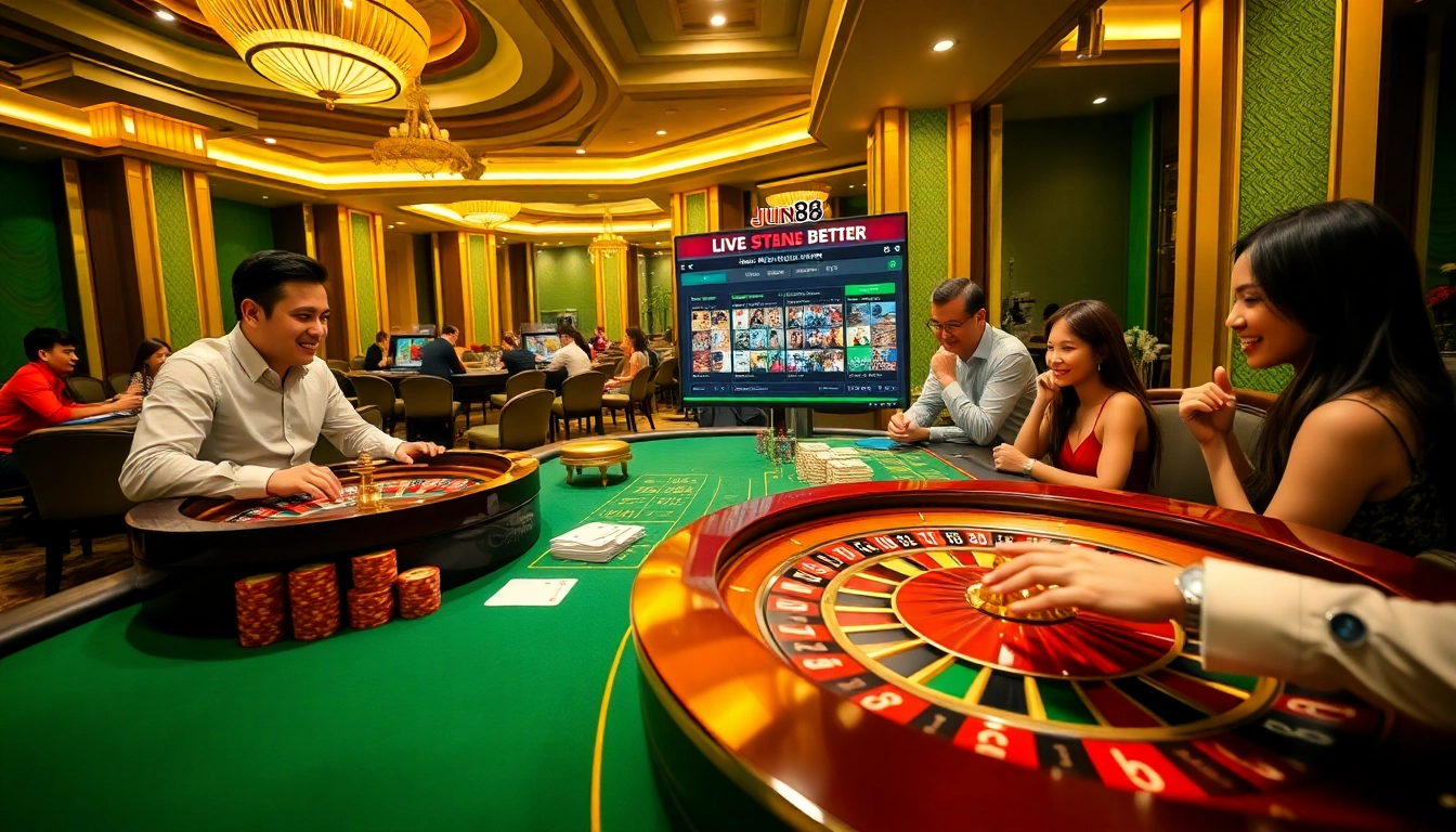 Engaged players enjoying a thrilling game at Jun88's luxury casino table, showcasing excitement and community.