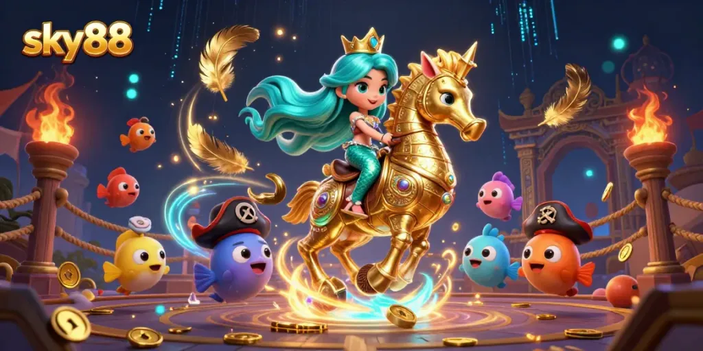 Experience thrilling gameplay with sky88 in this vibrant, action-packed 3D casino illustration.