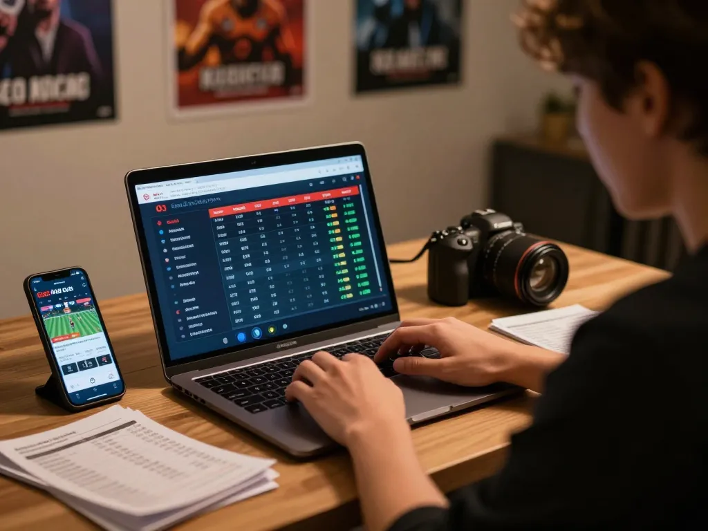 Engaged gamer using keo nha cai on a laptop while analyzing betting odds and strategies.