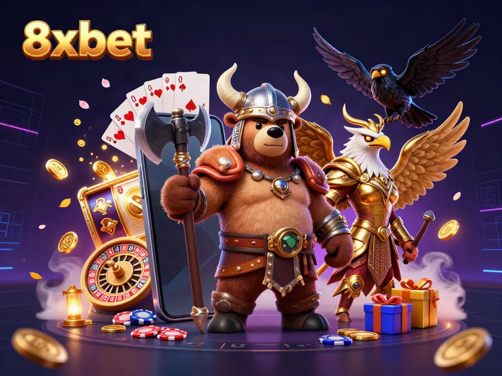 Witness the Viking bear and Valkyrie eagle in an exciting 8xbet gaming scene filled with slots and coins.