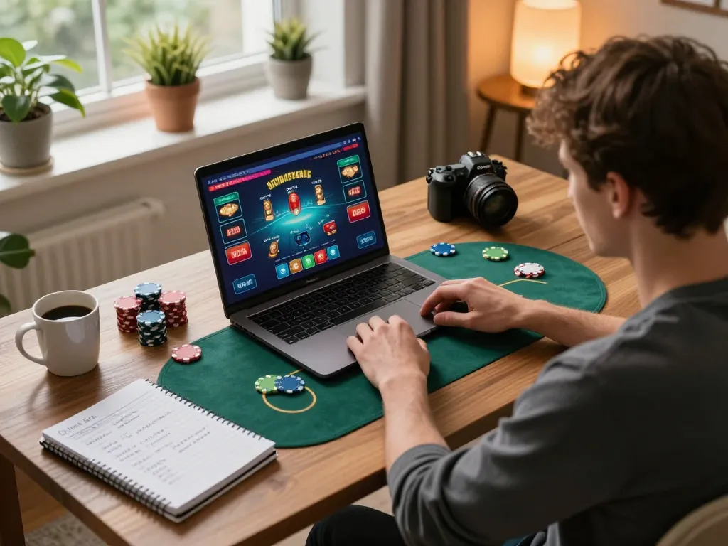 Player engaged in online poker at home using 79win, showcasing strategic gameplay environment.