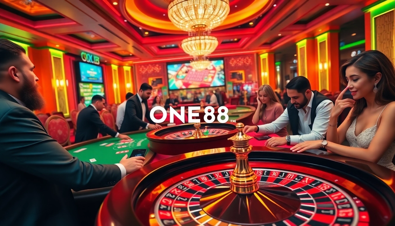 Engaging players at the luxurious ONE88 SA COM casino, showcasing vibrant gaming moments and a modern gambling interface.