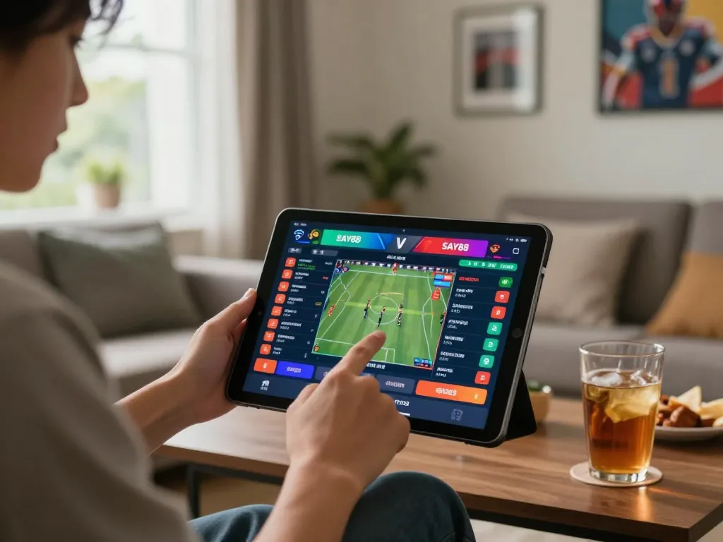 SAY88 online sports betting scene showing enthusiastic player using tablet to engage in betting.